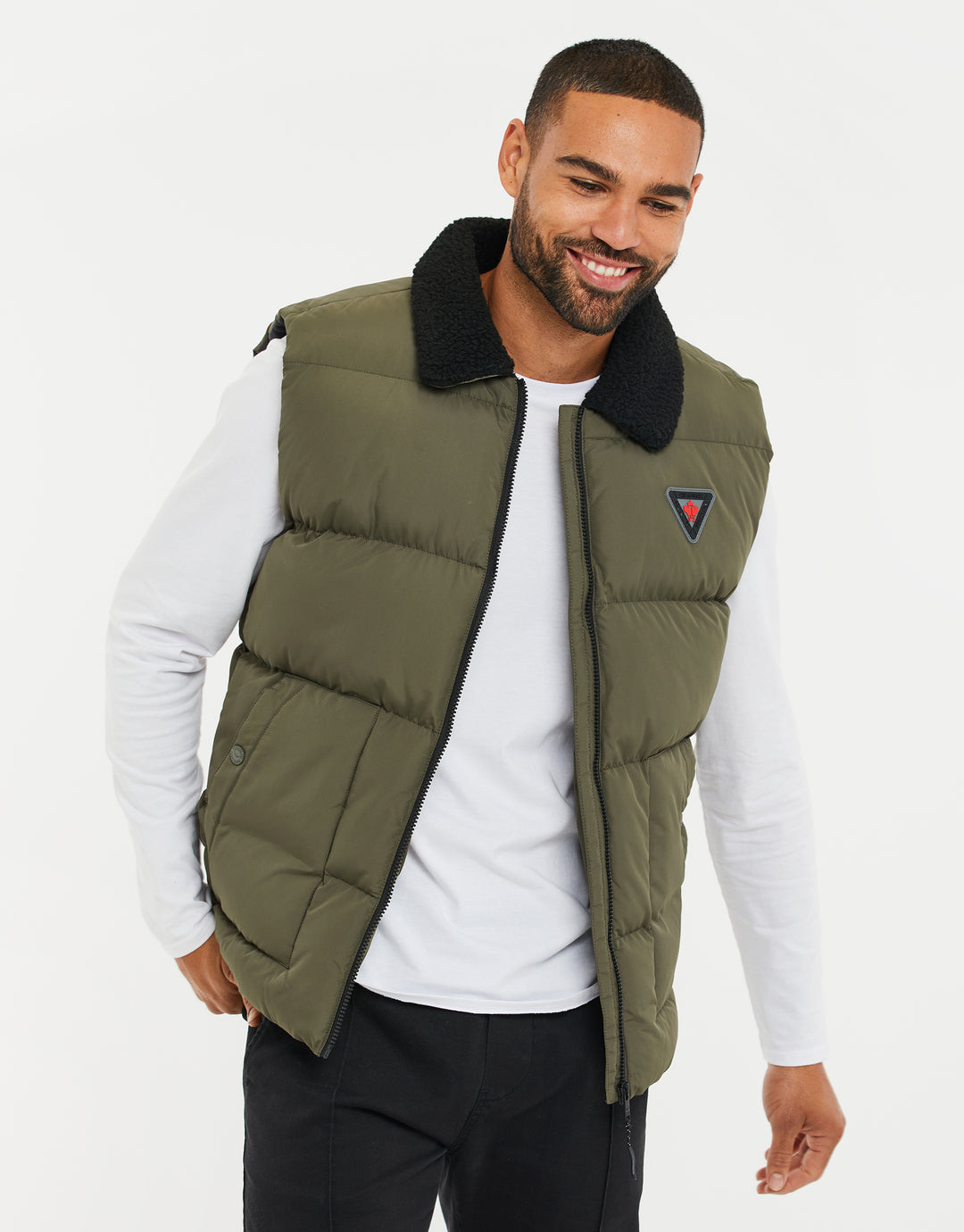 Khaki Green Borg Collar Padded Gilet