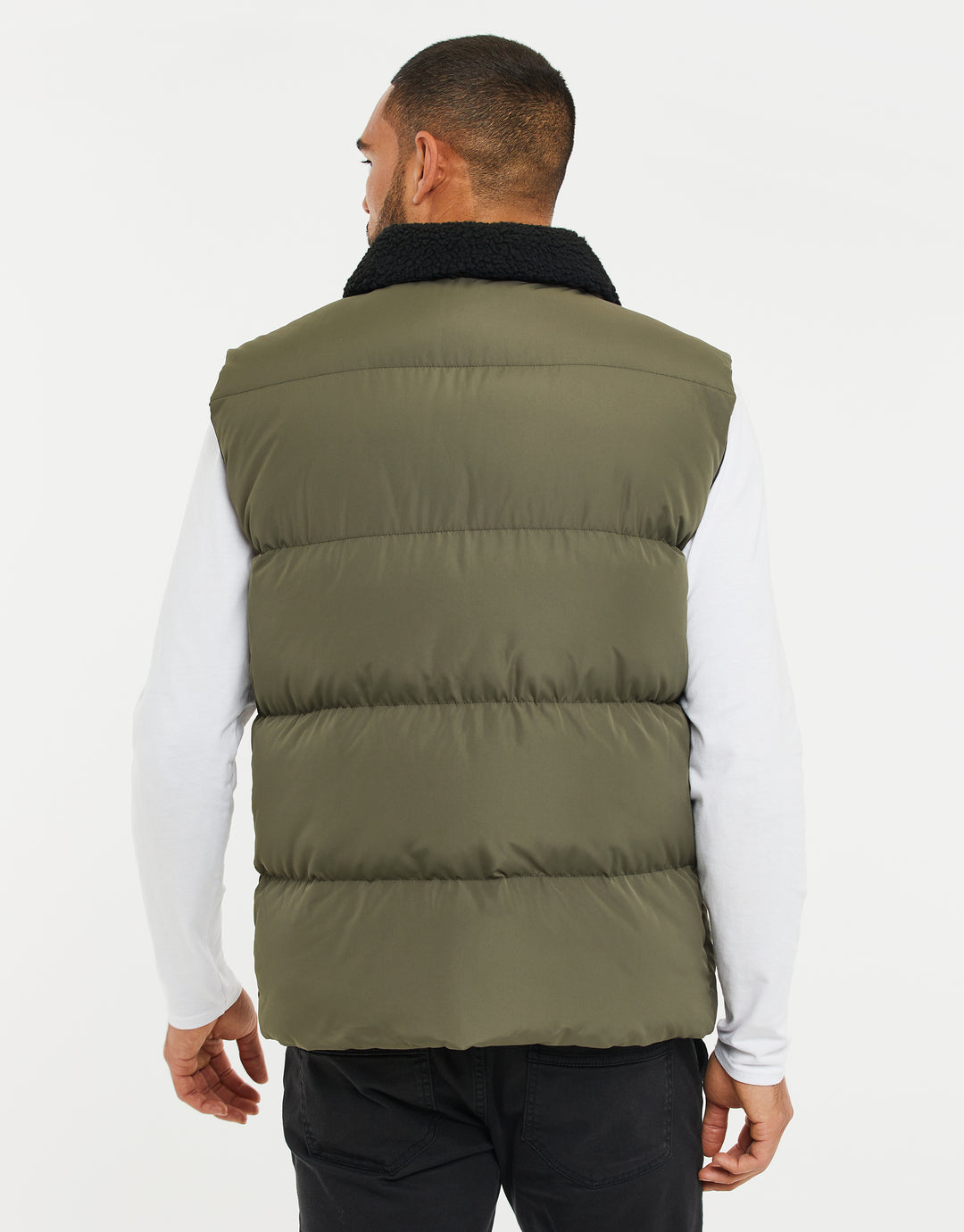 Khaki Green Borg Collar Padded Gilet