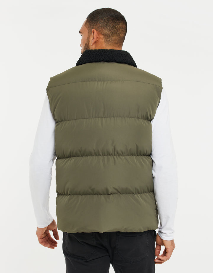 Khaki Green Borg Collar Padded Gilet