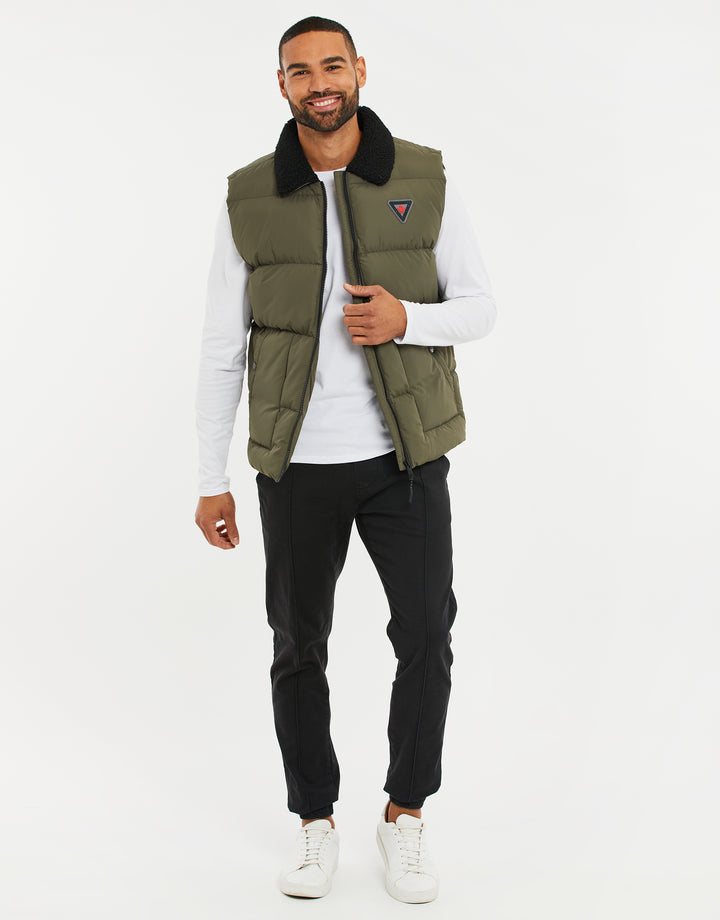 Khaki Green Borg Collar Padded Gilet