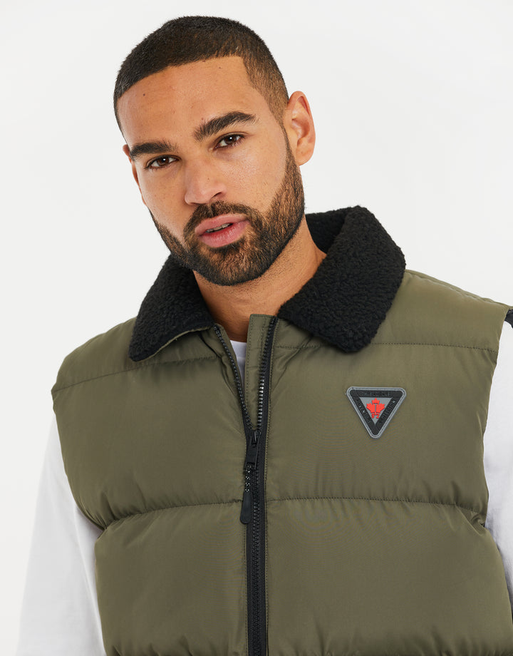 Khaki Green Borg Collar Padded Gilet