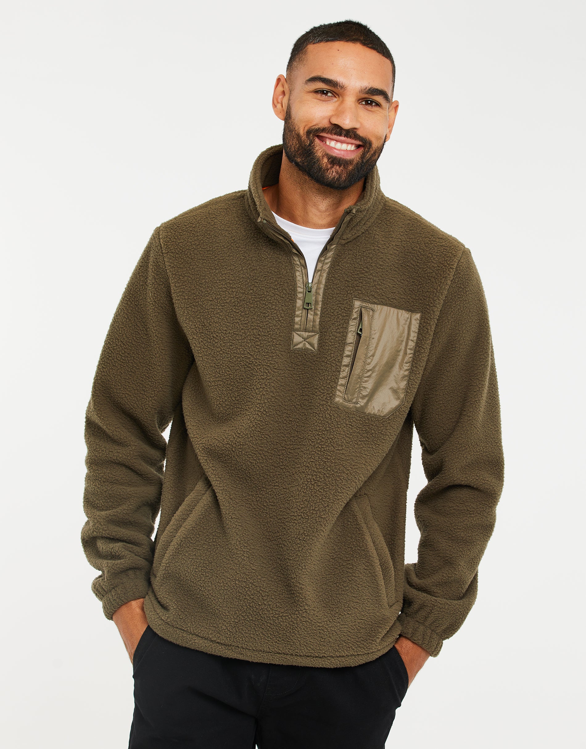 Threadbare Men's Khaki Green Faux Borg Quarter Zip Outdoor Fleece