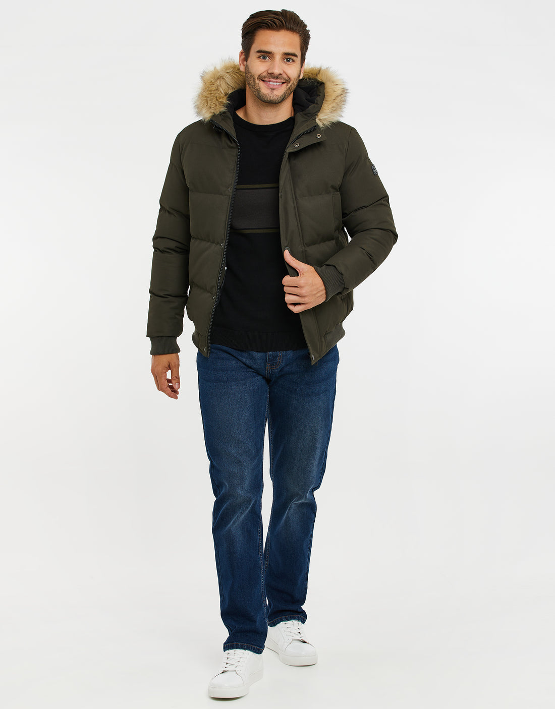 Men's Khaki Green Faux Fur Trim Padded Parka Jacket Puffer Coat ...