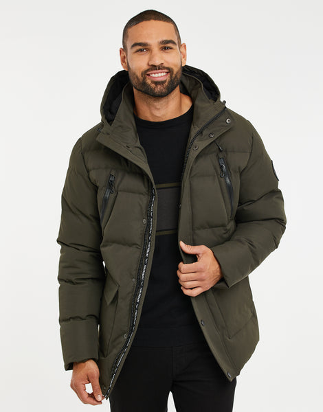 Men's Khaki Green Hooded Padded Funnel Neck Puffer Jacket – Threadbare