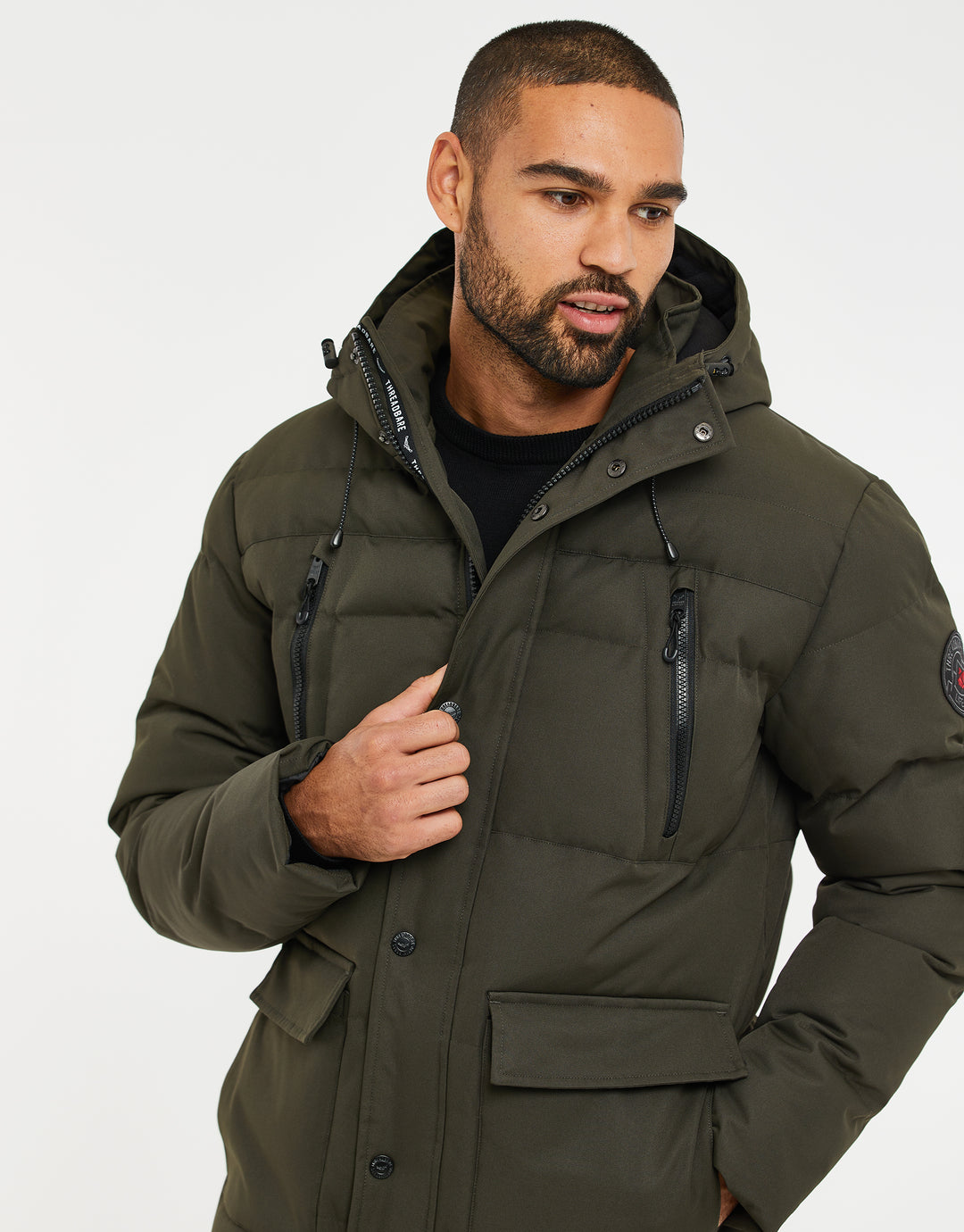 Threadbare Men's Khaki Green Hooded Padded Funnel Neck Puffer Jacket