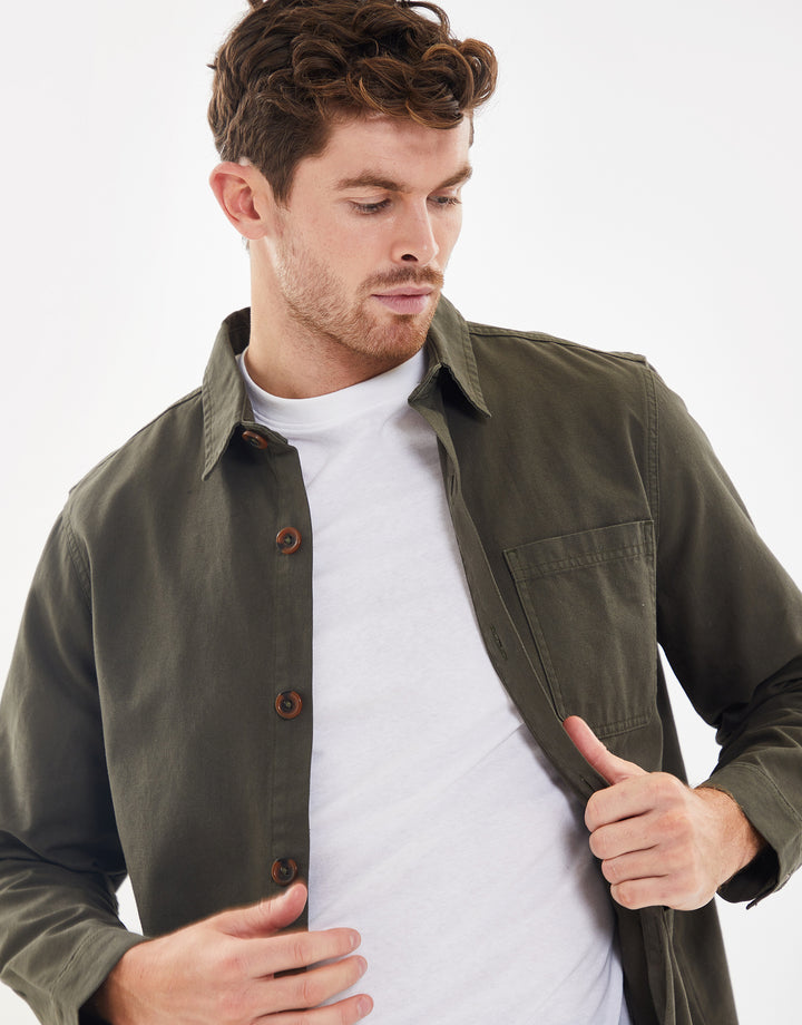 Khaki Green Button Down Cotton Shacket