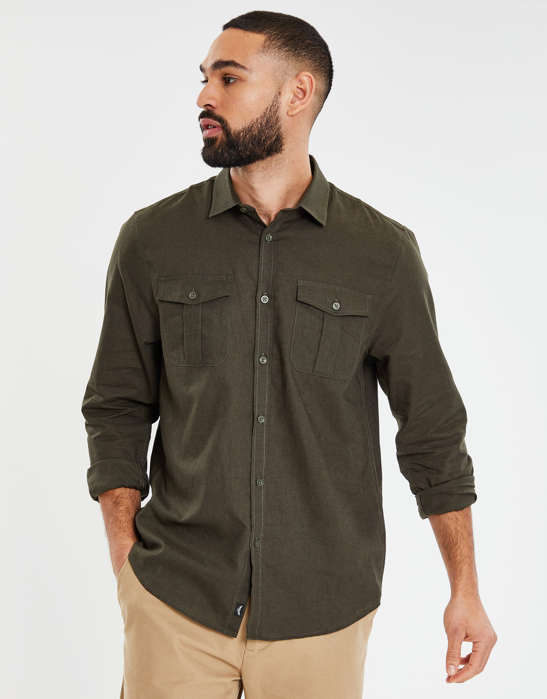 Khaki Green Linen Blend Twin Chest Pocket Long Sleeve Shirt
