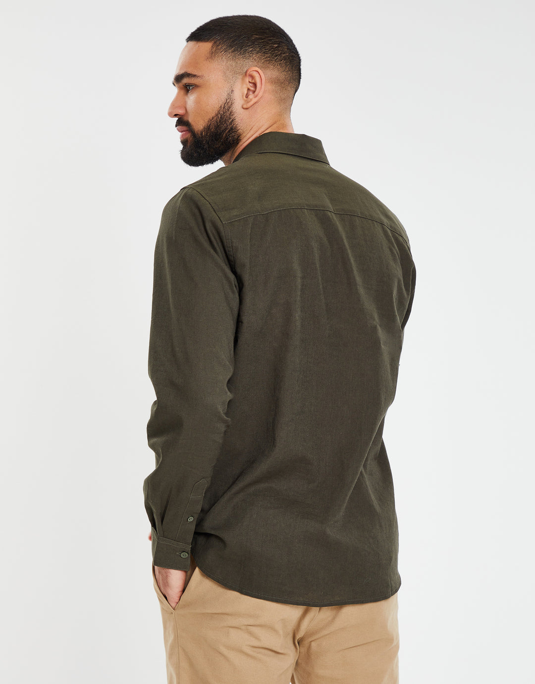 Khaki Green Linen Blend Twin Chest Pocket Long Sleeve Shirt