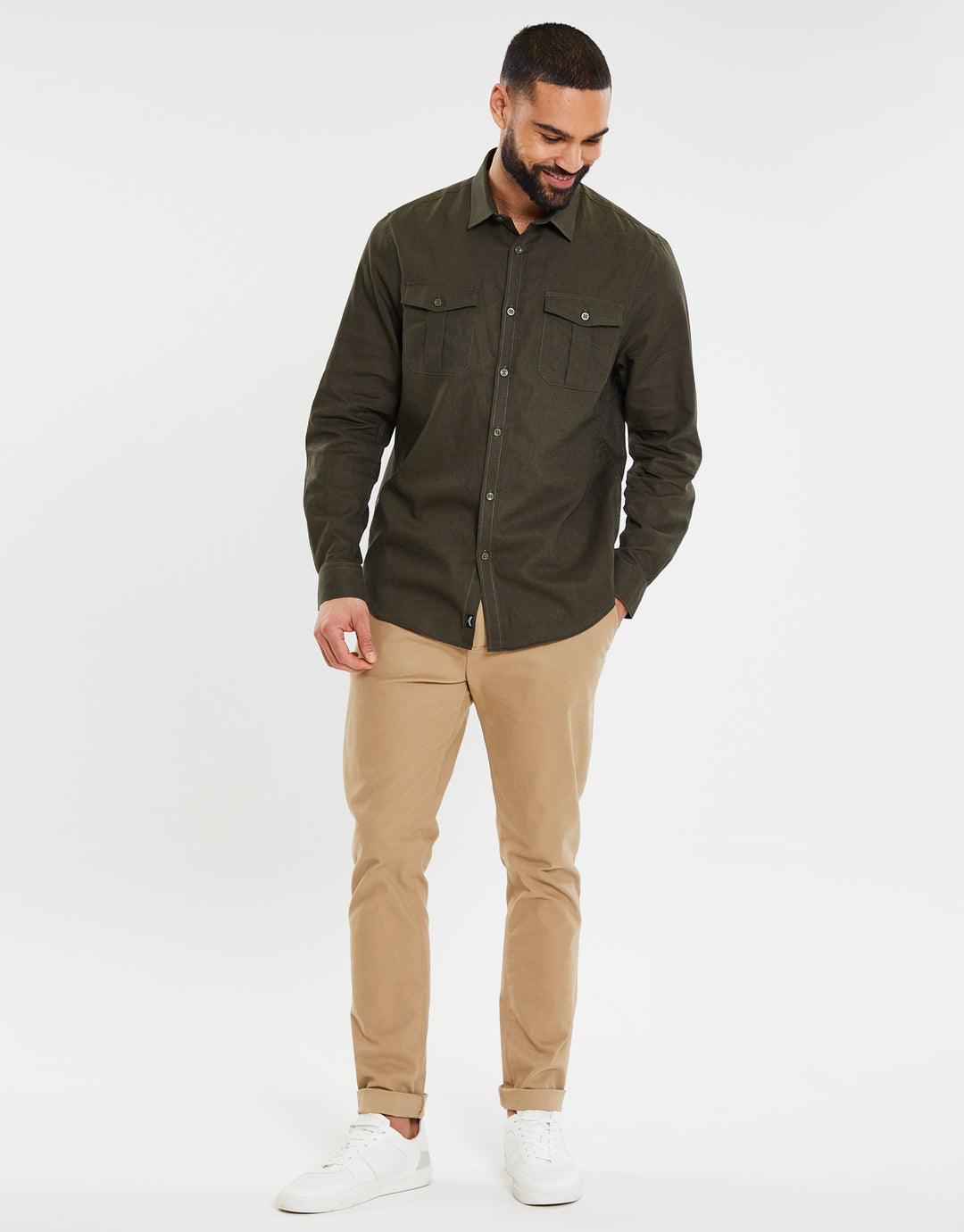 Khaki Green Linen Blend Twin Chest Pocket Long Sleeve Shirt