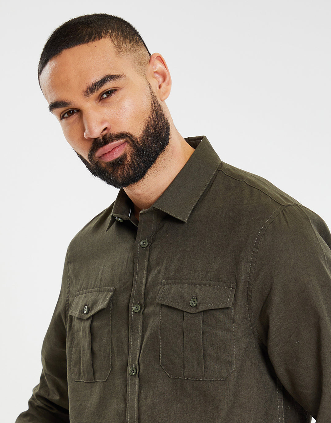 Khaki Green Linen Blend Twin Chest Pocket Long Sleeve Shirt