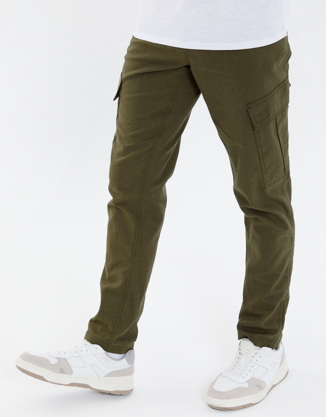 Khaki Green Linen Mix Cargo Trousers
