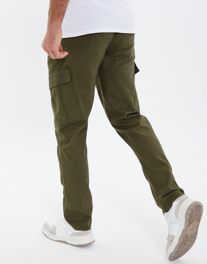 Khaki Green Linen Mix Cargo Trousers
