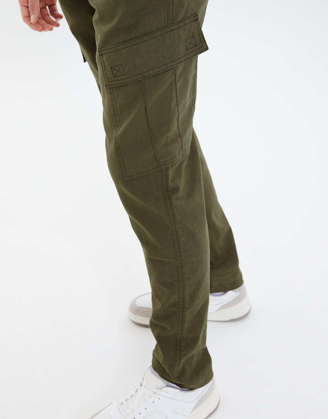 Khaki Green Linen Mix Cargo Trousers