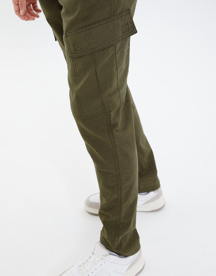 Khaki Green Linen Mix Cargo Trousers