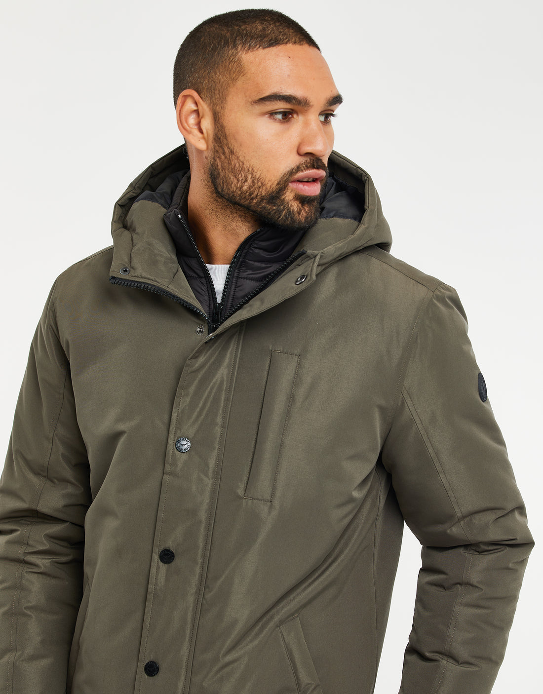 Men's Khaki Green Mock Layer Hooded Mac Coat Jacket – Threadbare