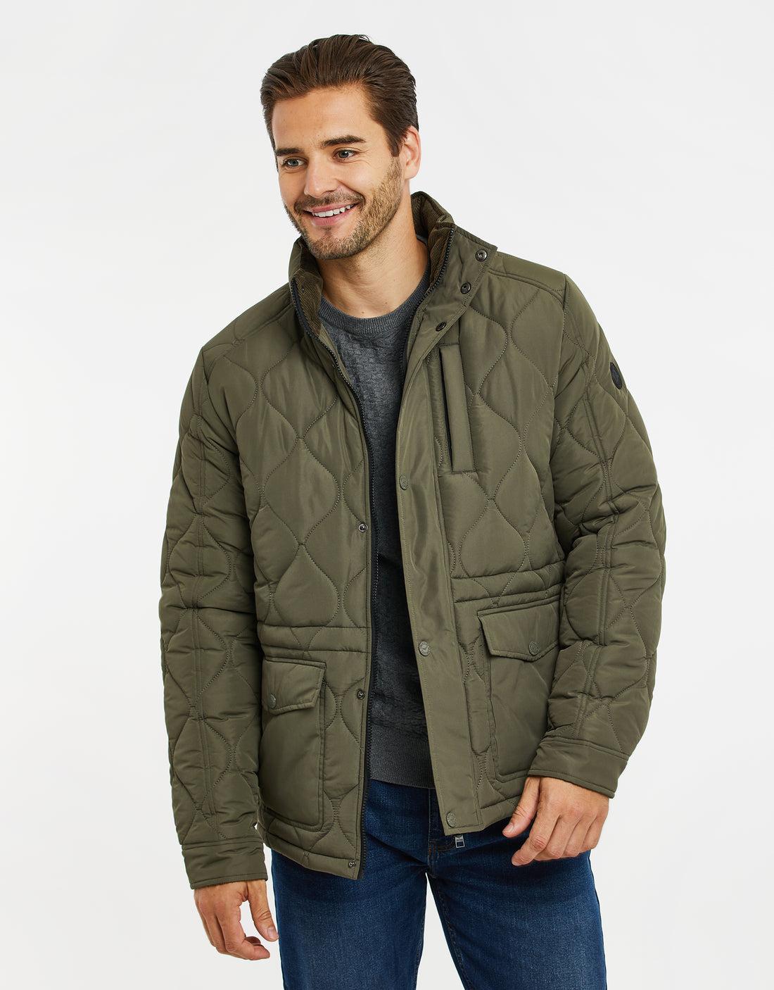 Men's Khaki Green Onion Quilted Funnel Neck Jacket – Threadbare