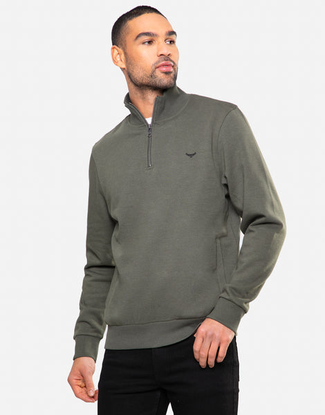 Men's Khaki Green Quarter Zip Funnel Neck Knitted Sweatshirt – Threadbare