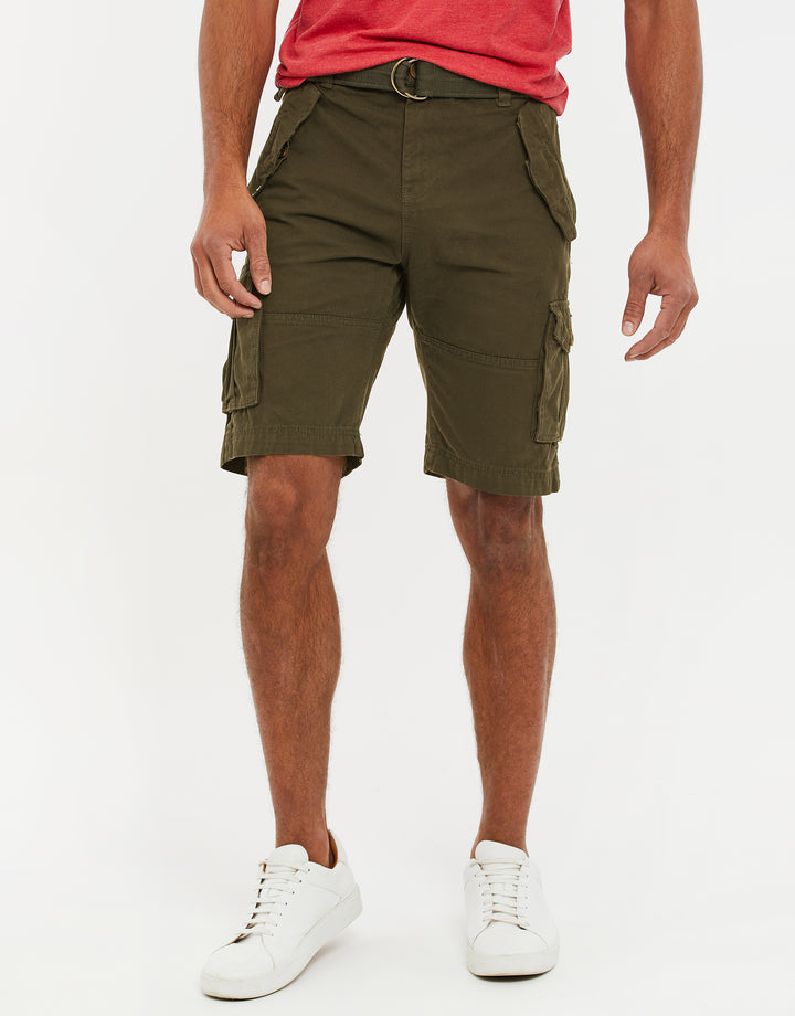 Khaki Green Belted Cargo Shorts