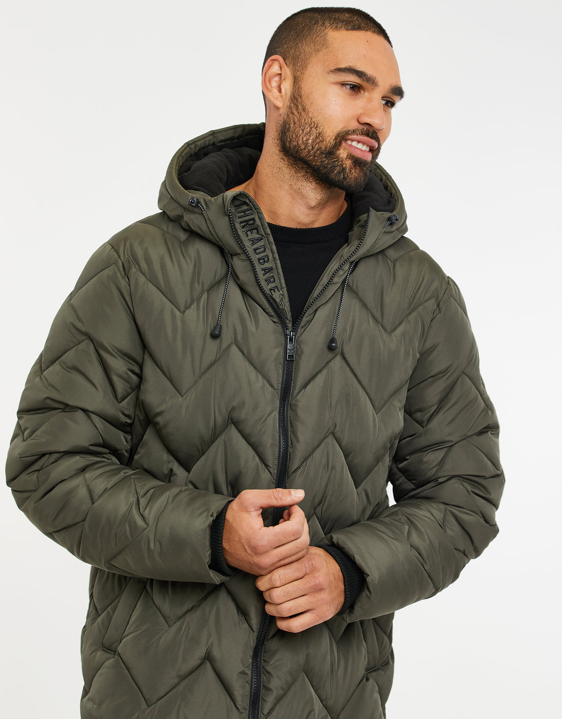 Men's Khaki Green Zig Zag Chevron Quilted Hooded Longline Family Puffer ...