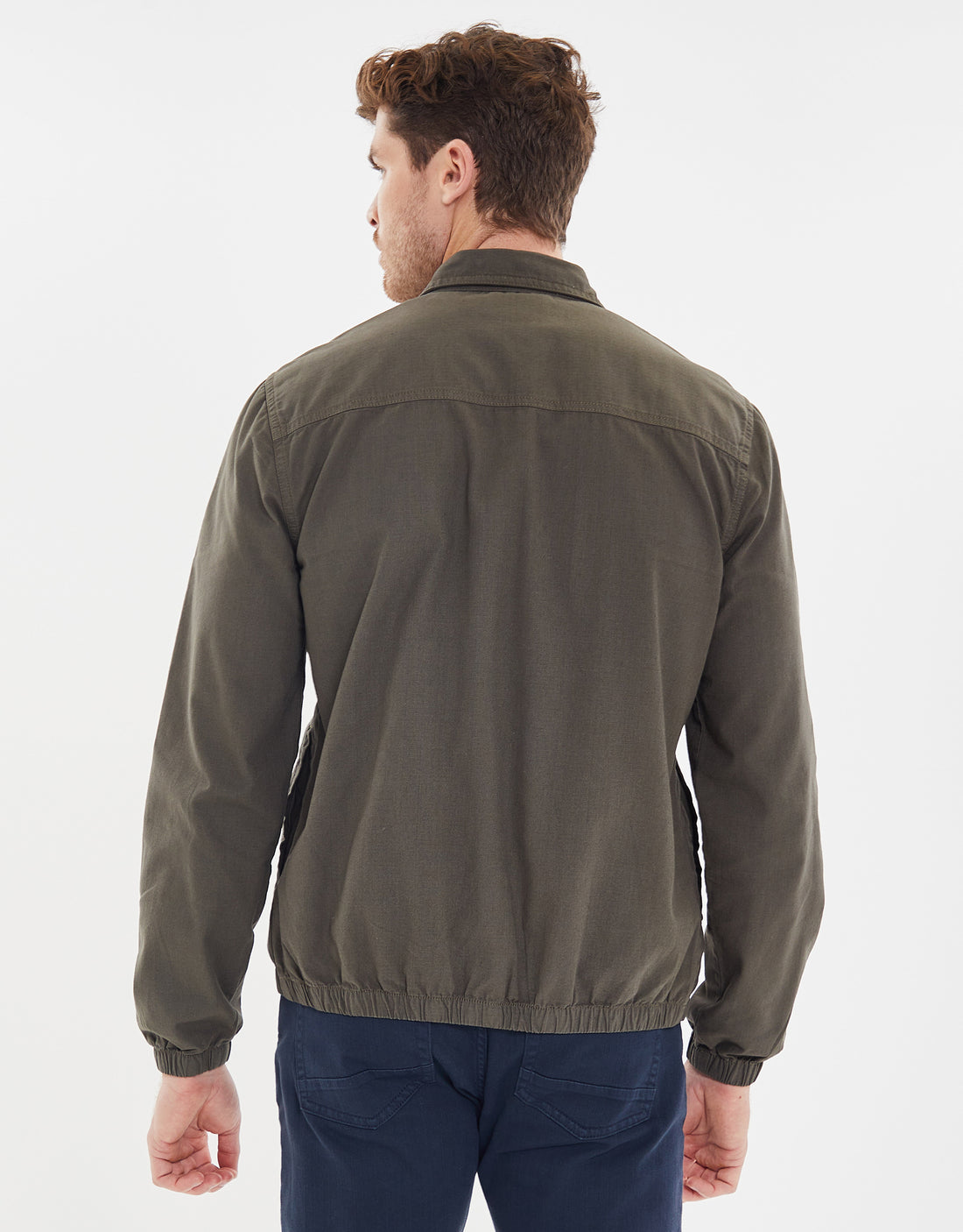 Men's Khaki Green Zip Up Lightweight 2 Pocket Zip Detail Cotton Shacket Threadbare