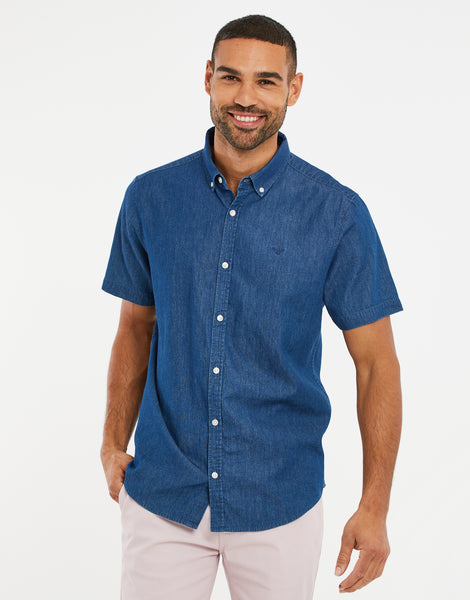 Men's Mid Blue Wash Casual Short Sleeve Denim Shirt – Threadbare