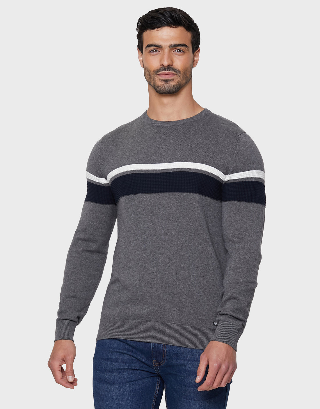 Men's Grey Mix Stripe Colourblock Crew Neck Knitted Jumper – Threadbare