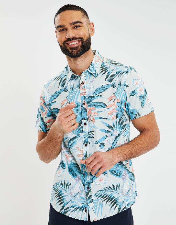 Mint Green Hawaiian Floral Print Short Sleeve Shirt