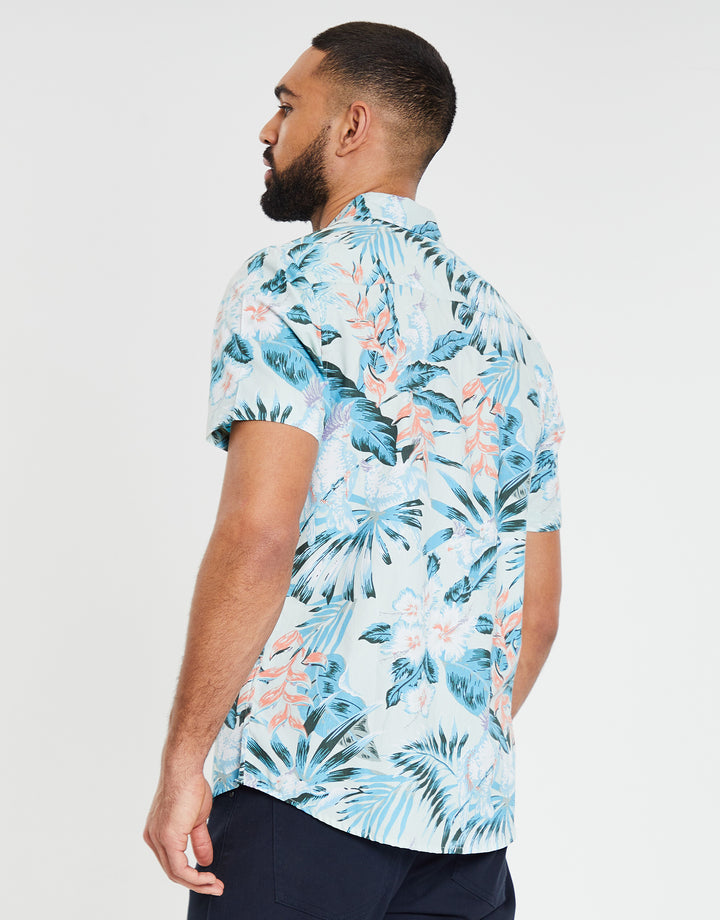 Mint Green Hawaiian Floral Print Short Sleeve Shirt