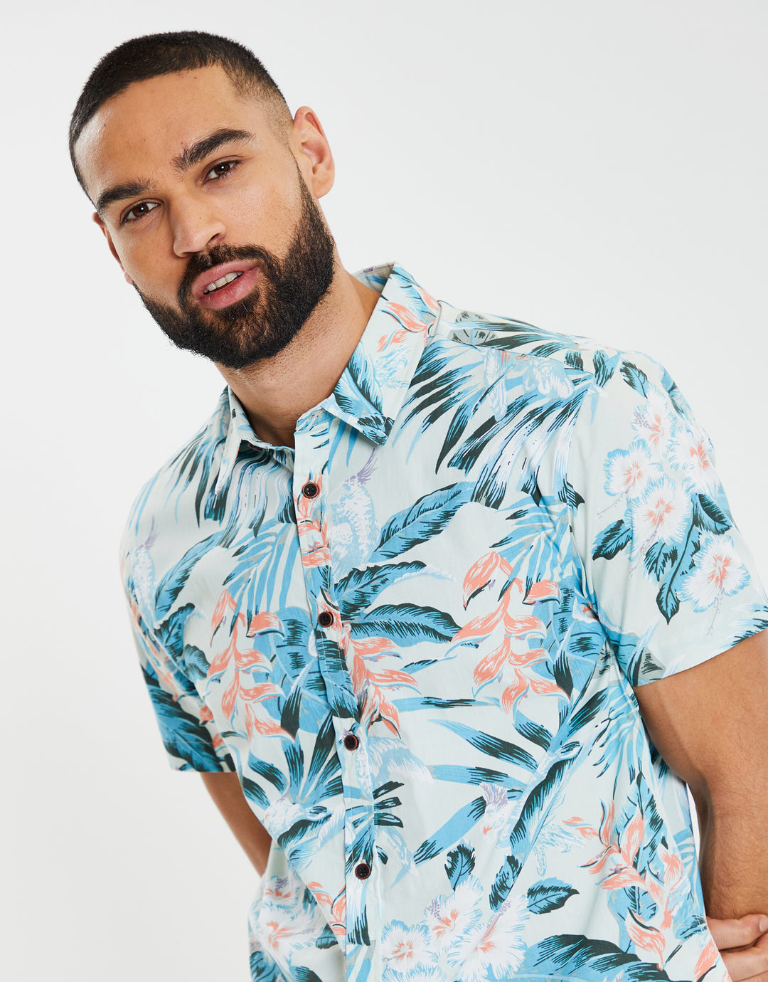 Mint Green Hawaiian Floral Print Short Sleeve Shirt