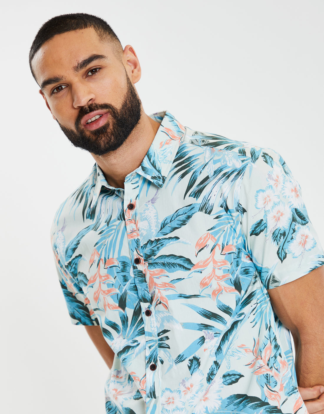 Men's Mint Tropical Hawaiian Floral Print Short Sleeve Cotton Shirt Threadbare