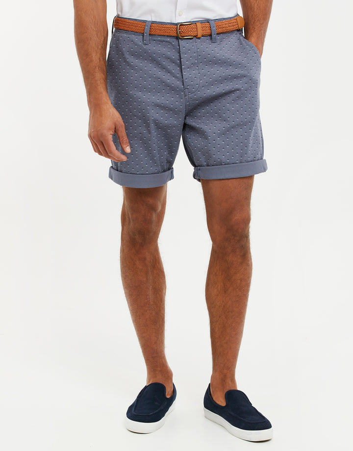Misty Blue Geo Print Belted Chino Shorts
