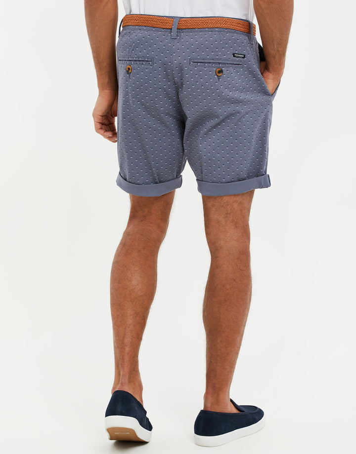 Misty Blue Geo Print Belted Chino Shorts