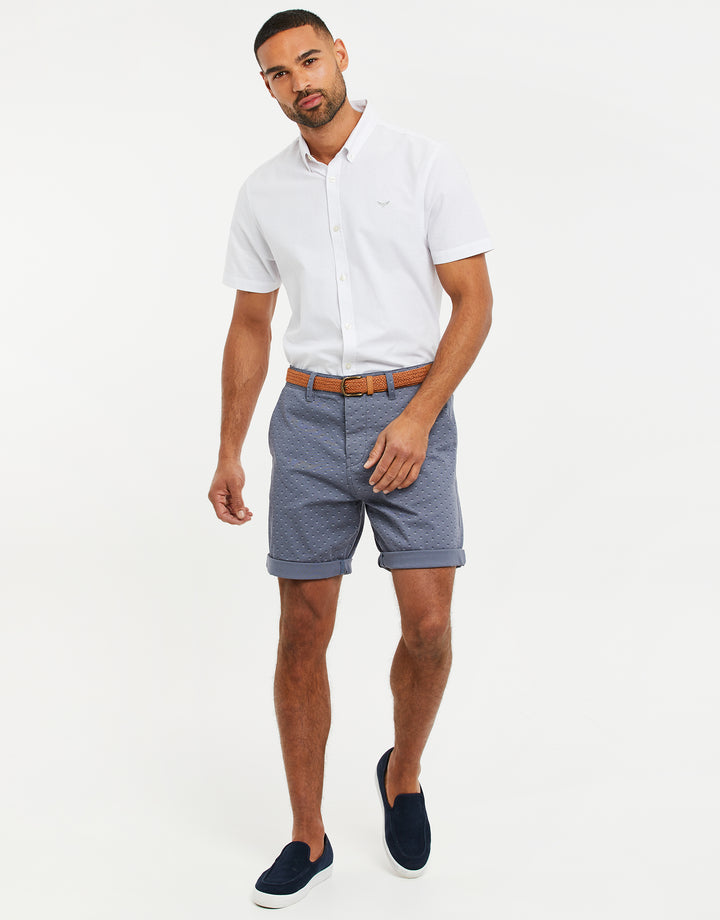 Misty Blue Geo Print Belted Chino Shorts