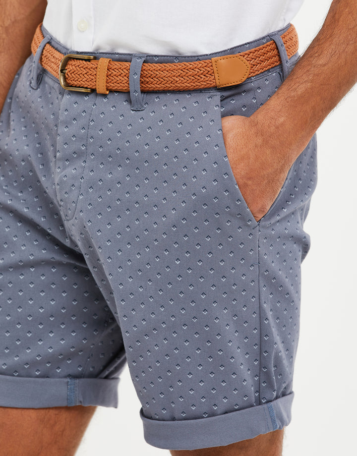Misty Blue Geo Print Belted Chino Shorts