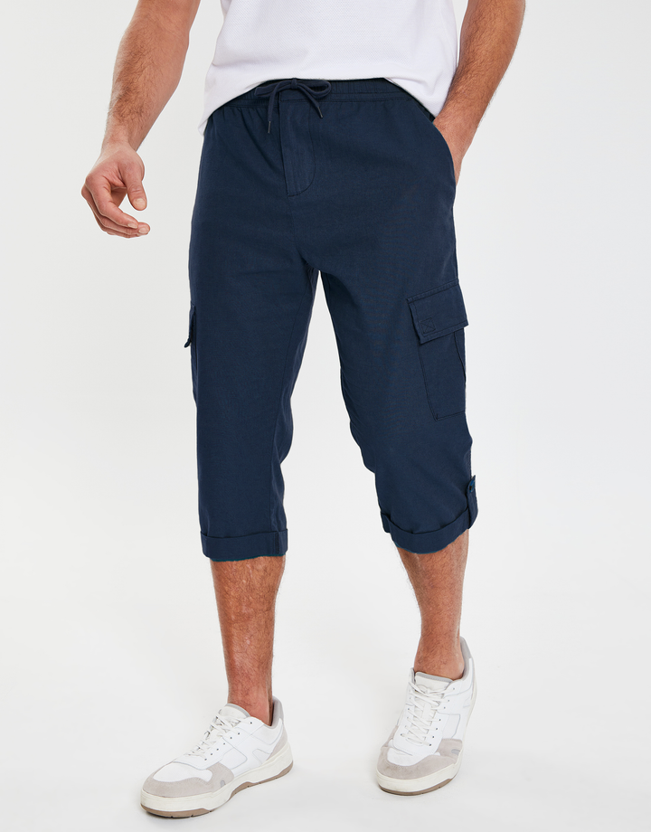 Navy 3/4 Length Linen Blend Cargo Trousers