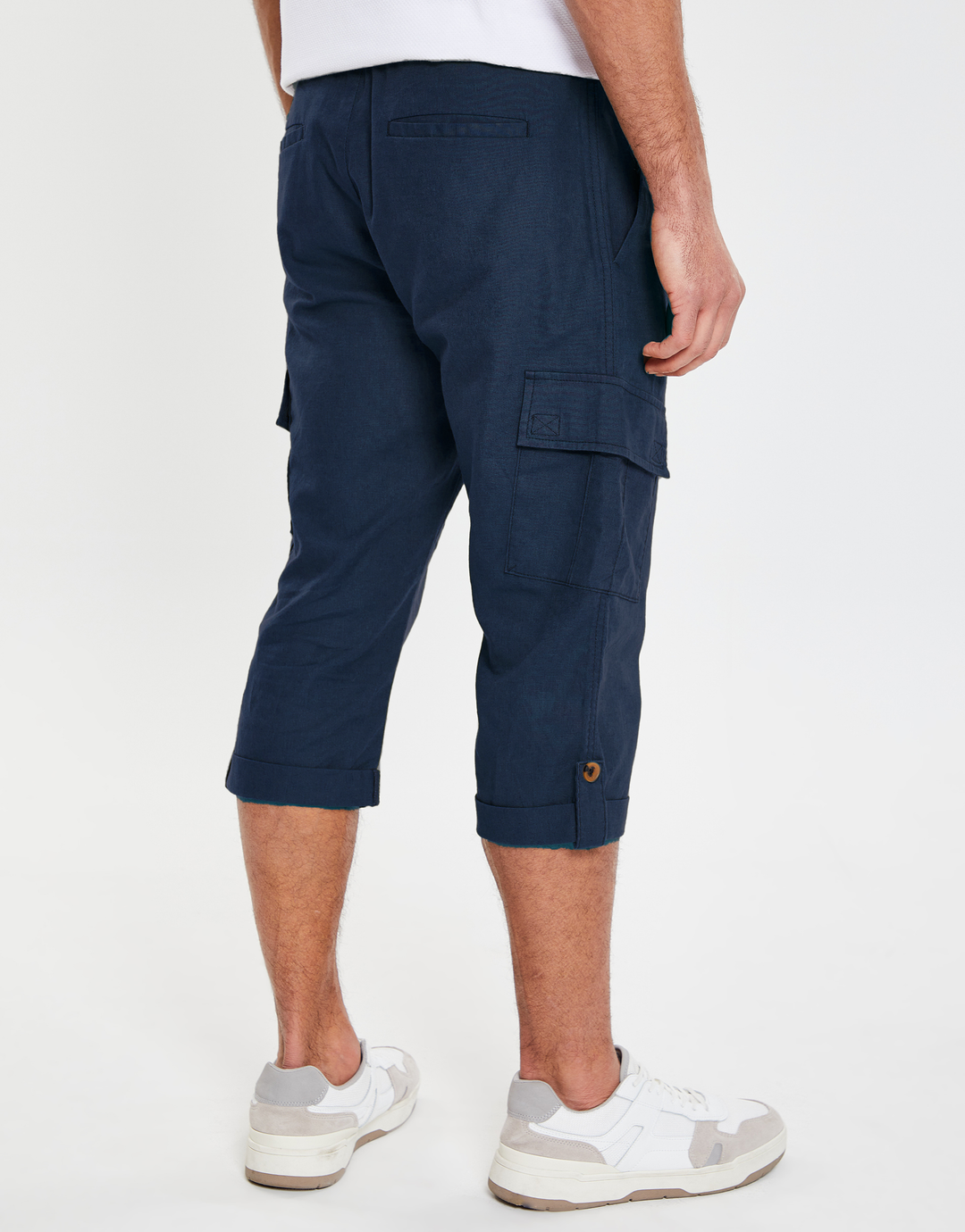 Navy 3/4 Length Linen Blend Cargo Trousers