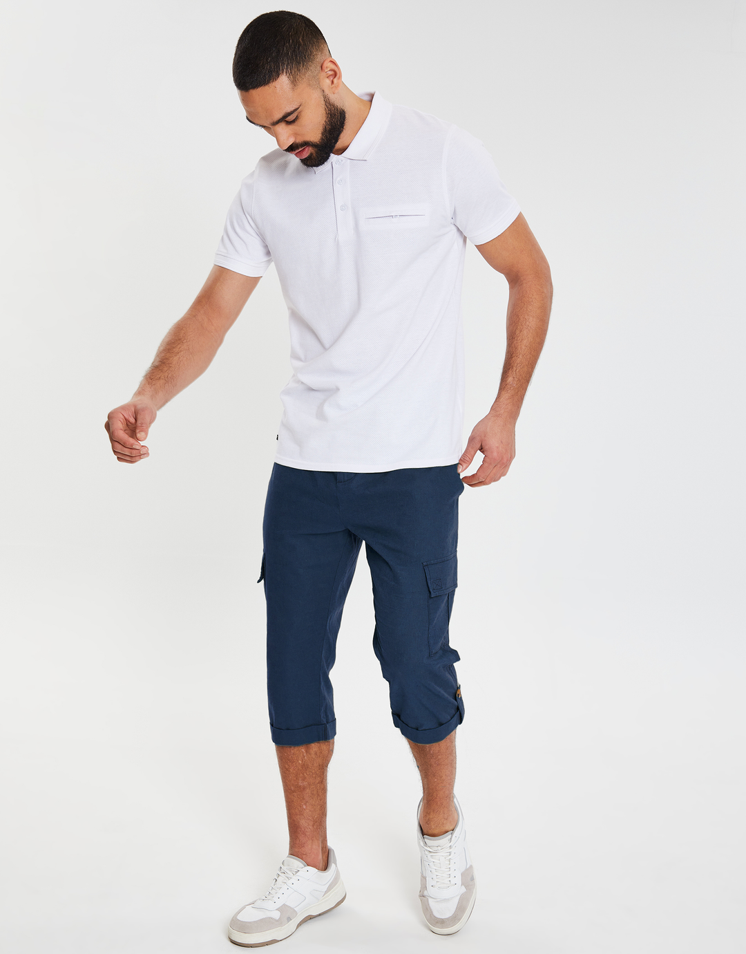 Navy 3/4 Length Linen Blend Cargo Trousers