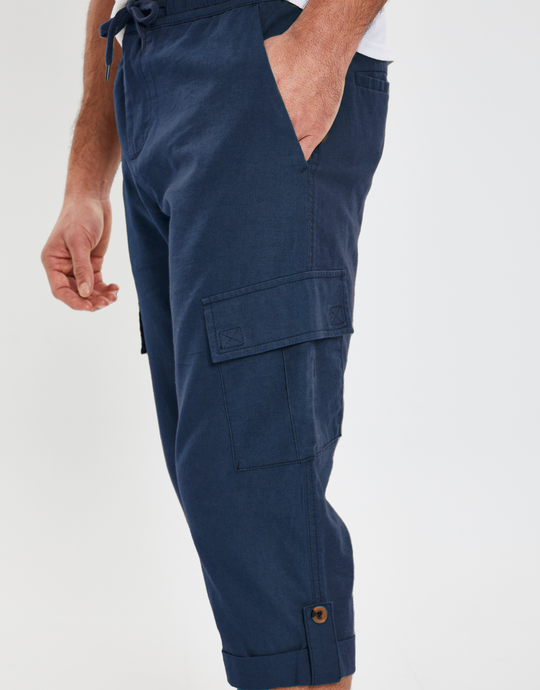 Navy 3/4 Length Linen Blend Cargo Trousers