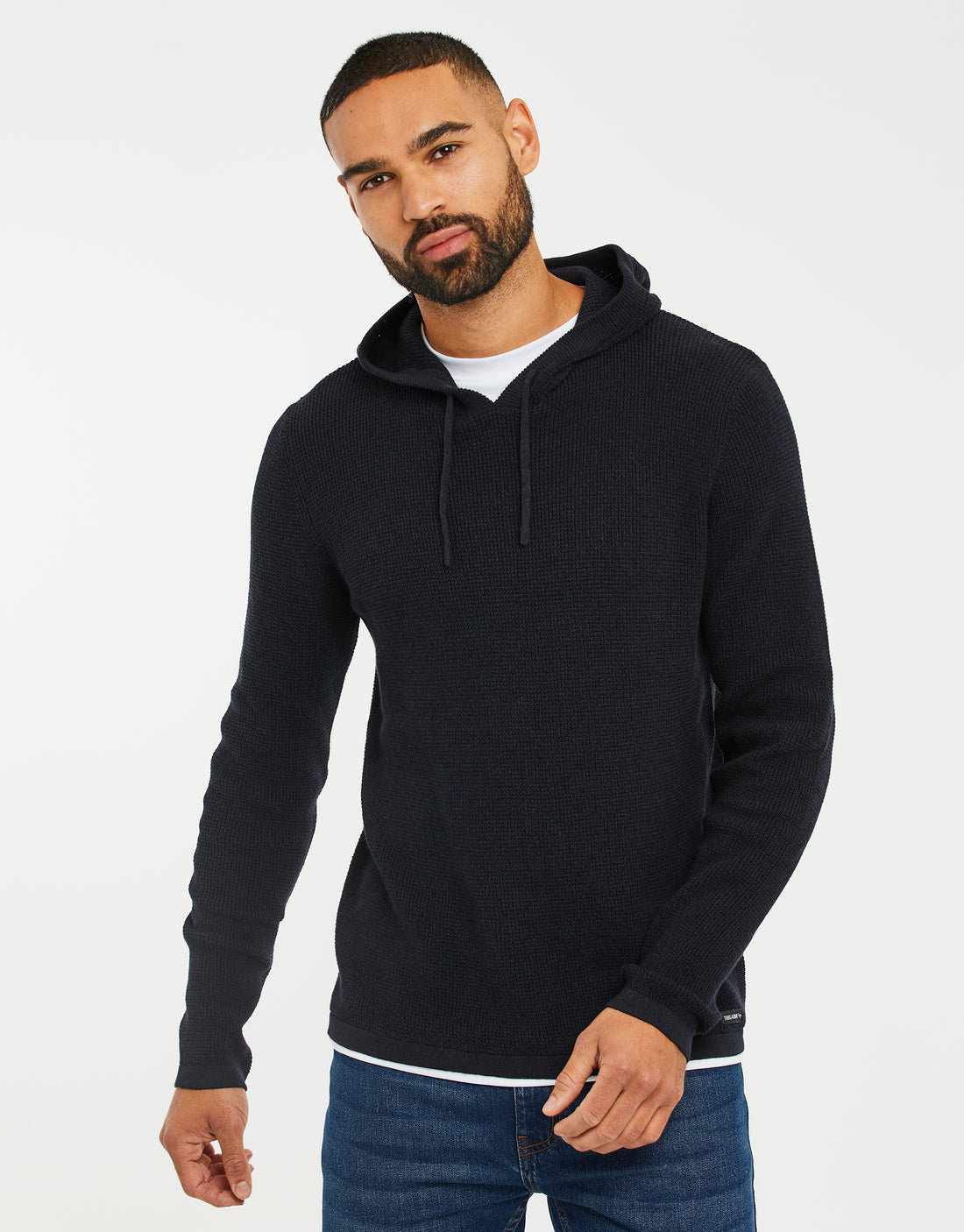 Men's Navy Blue & Black Twist Mock T-Shirt 12GG Knitted Pullover Hoodie ...