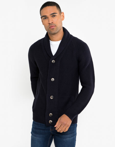 Men's Navy Blue Button Down Textured Knitted Cardigan – Threadbare