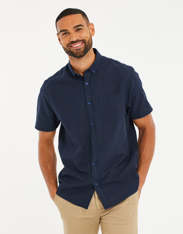 Navy Short Sleeve Linen Blend Shirt