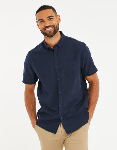 Men's Navy Blue Casual Cotton Linen Short Sleeve Shirt – Threadbare