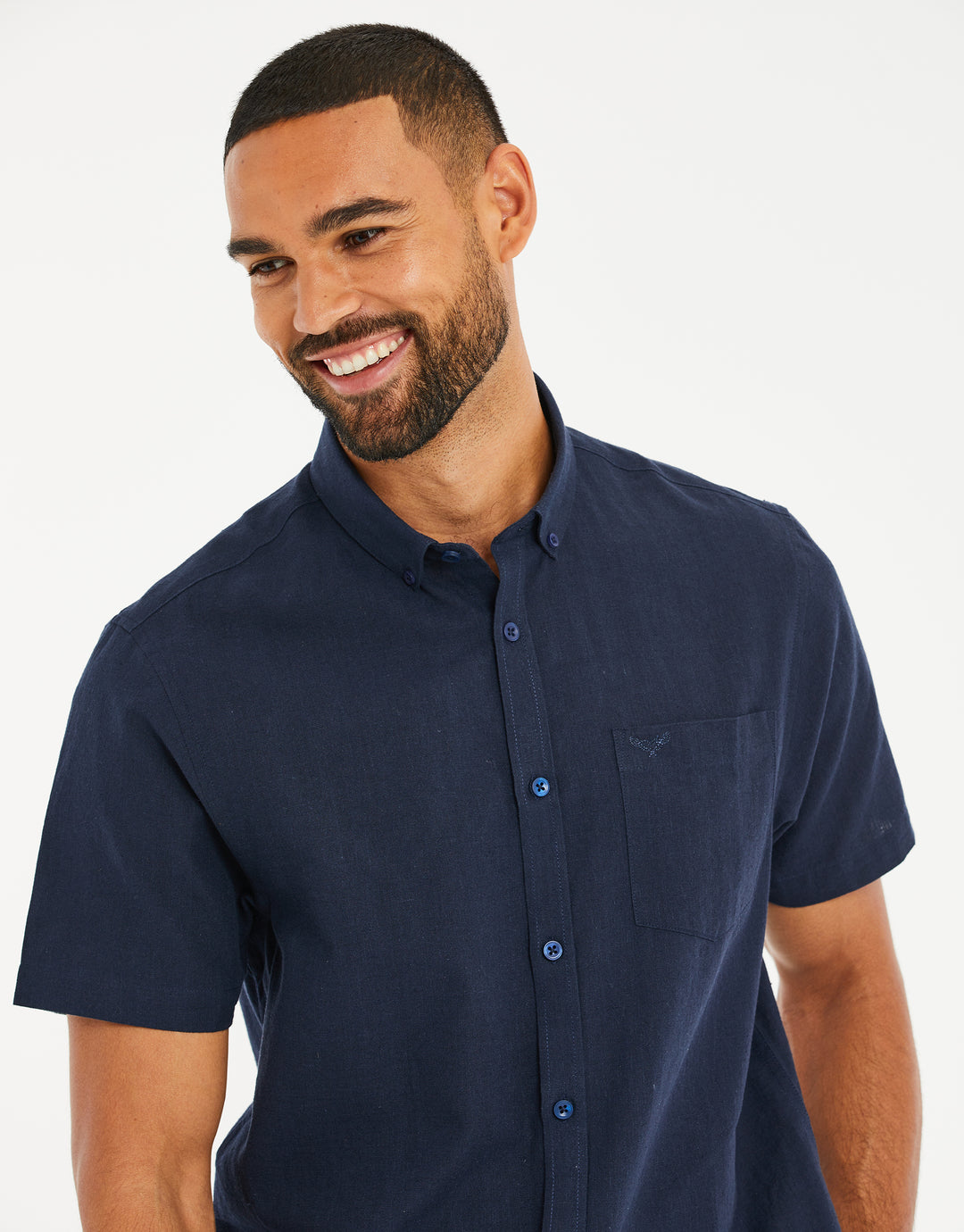 Threadbare Men's Navy Blue Casual Cotton Linen Short Sleeve Shirt