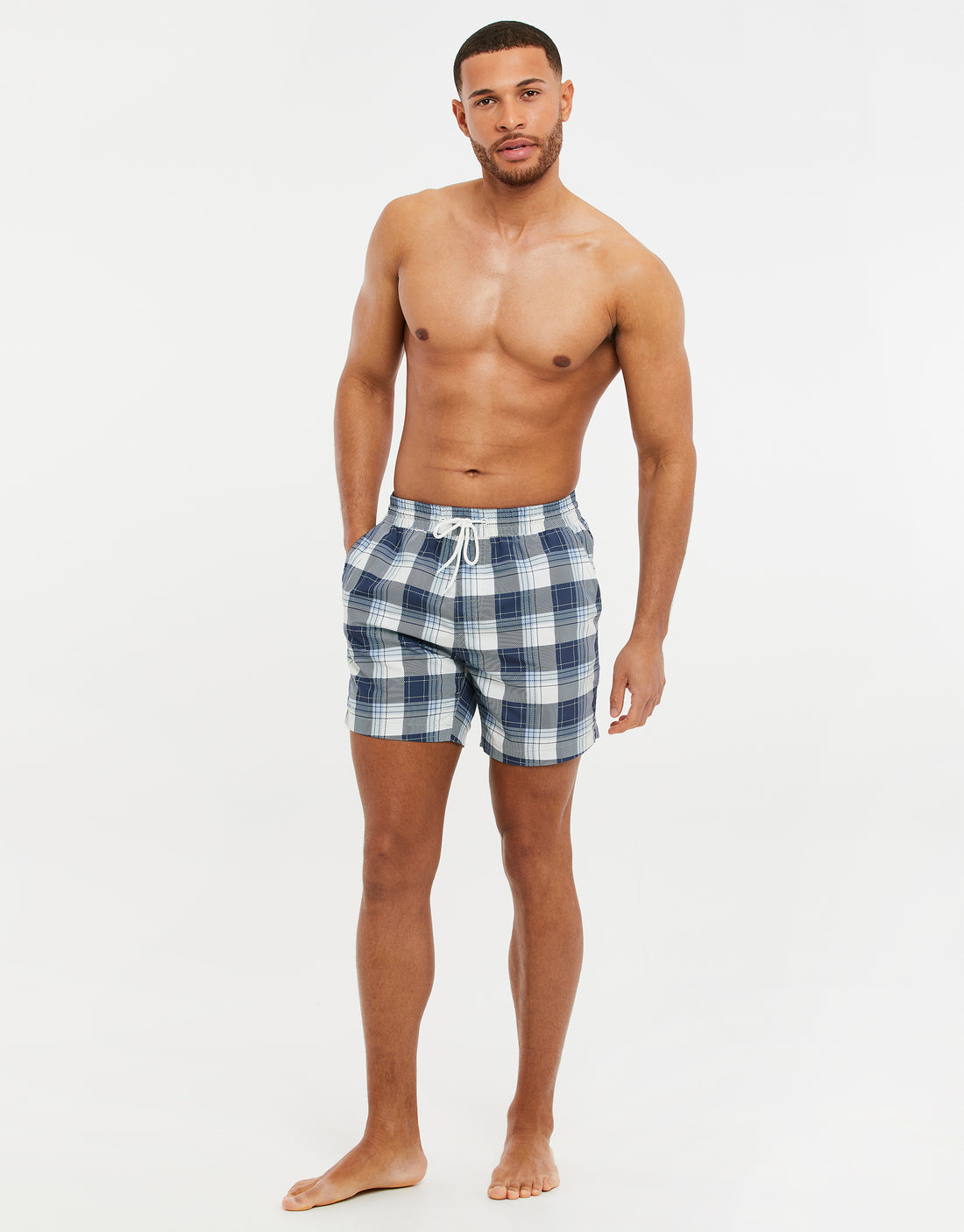Men's Navy Blue Check Swim Shorts Swimwear – Threadbare
