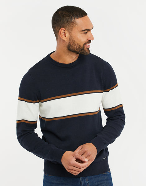 Men's Navy Blue Colourblock Stripe Knitted Crew Neck Jumper – Threadbare