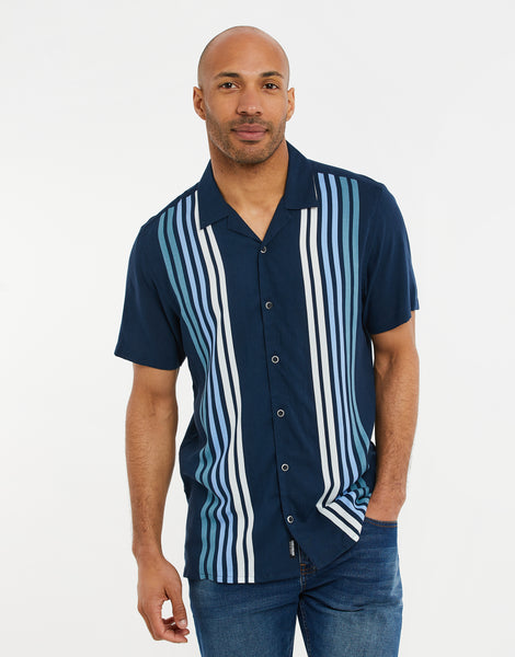 Men's Navy Blue Colourblock Striped Short Sleeve Shirt – Threadbare