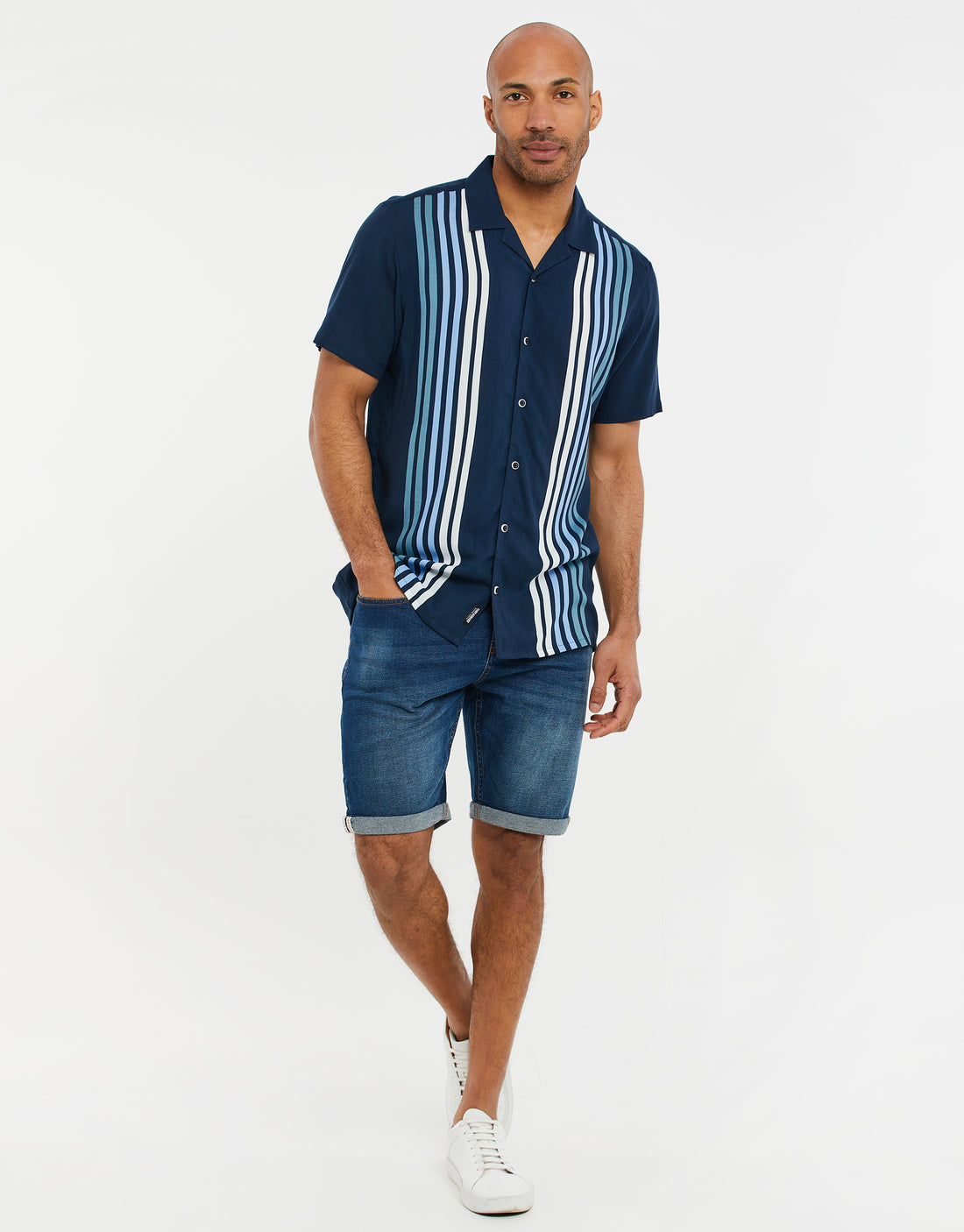 Men's Navy Blue Colourblock Striped Short Sleeve Shirt – Threadbare