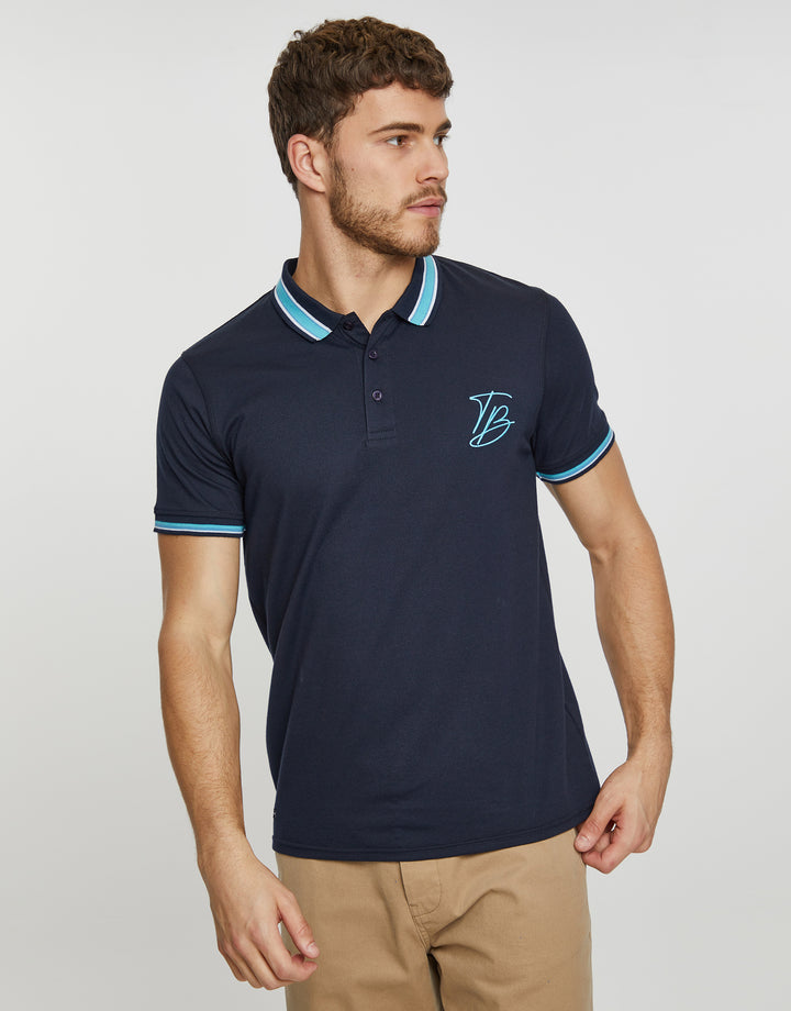 Navy Contrast Collar Branded Polo Shirt