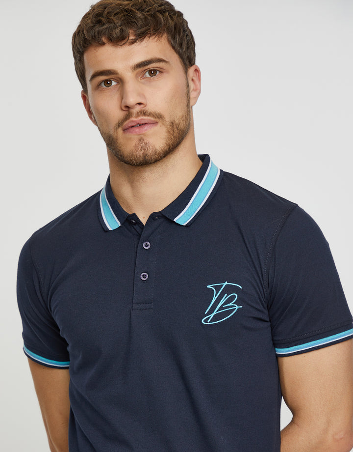 Navy Contrast Collar Branded Polo Shirt