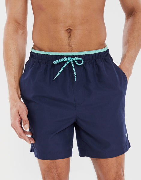 Men's Navy Blue Contrast Logo Recycled Polyester Swim Shorts – Threadbare